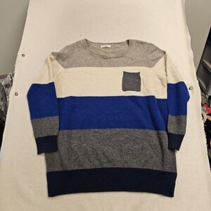 WoolOvers 100% Wool Colorblock Striped Crewneck Sweater Blue Grey XL